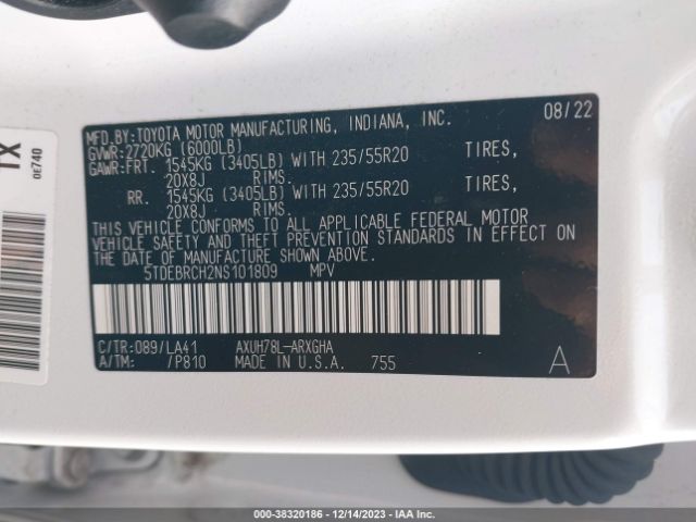 5TDEBRCH2NS101809 Toyota Highlander Hybrid Platinum