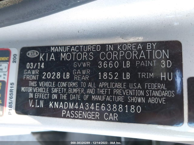 KIA RIO LX 2014 KNADM4A34E6388180 Image 9