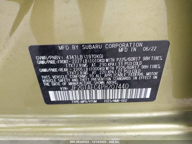 2023 Subaru Crosstrek Premium მანქანა იყიდება აუქციონზე, vin: JF2GTAEC4PH207440, აუქციონის ნომერი: 38320322