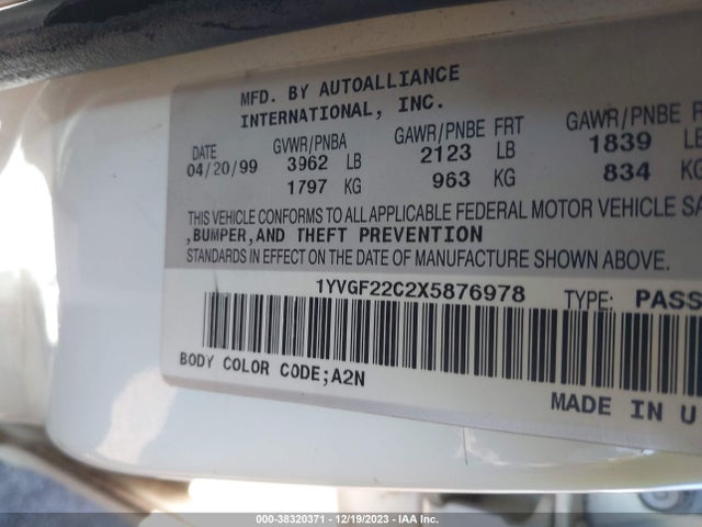 1999 MAZDA 626 ES/LX VIN: 1YVGF22C2X5876978