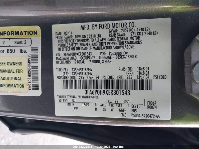 Ford FUSION SE 2014 3FA6P0H9XER301543 Image 9