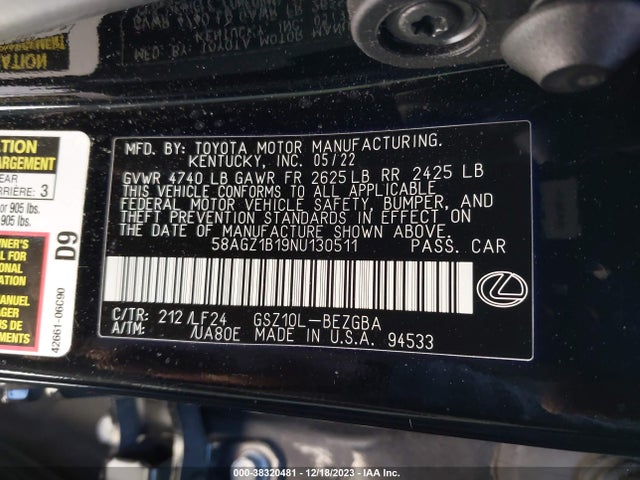 2022 LEXUS ES 350 F-SPORT VIN: 58AGZ1B19NU130511