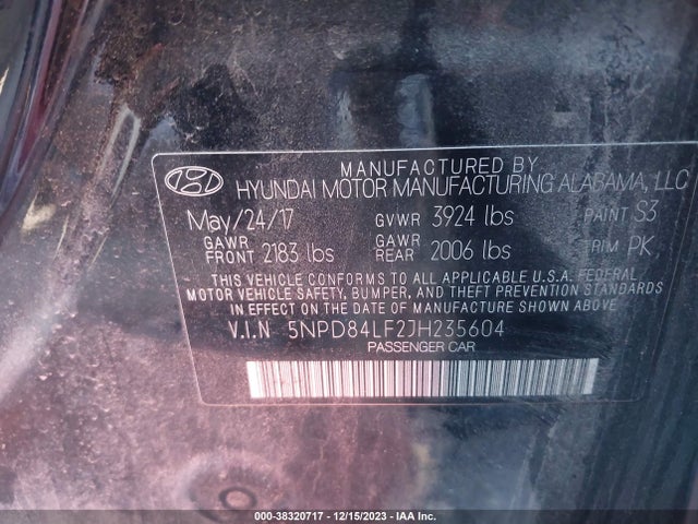 2018 HYUNDAI ELANTRA SEL VIN: 5NPD84LF2JH235604