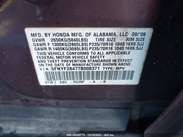 2007 HONDA PILOT EX VIN: 5FNYF28477B008371