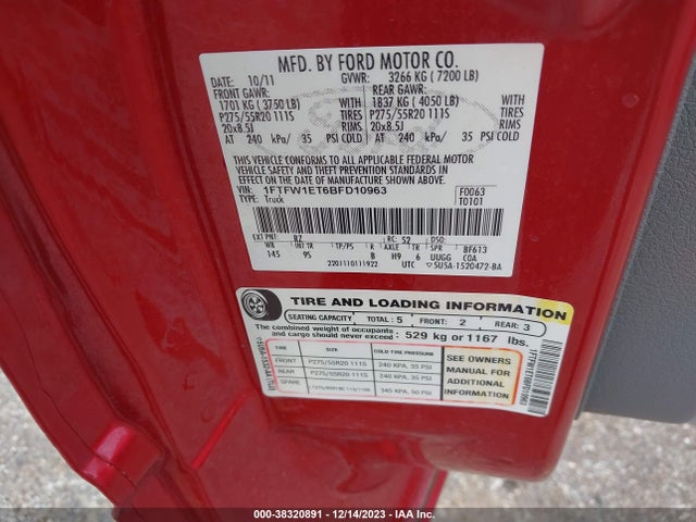 2011 FORD F-150 PLATINUM VIN: 1FTFW1ET6BFD10963