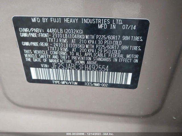 2015 SUBARU FORESTER 2.5I VIN: JF2SJABC3FH492554
