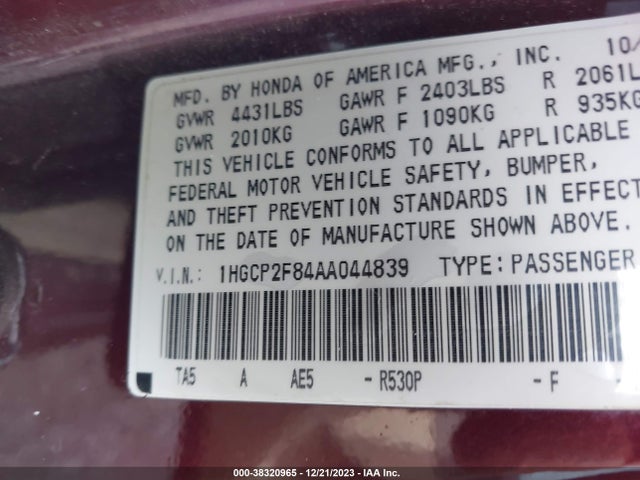 2010 HONDA ACCORD 2.4 EX-L VIN: 1HGCP2F84AA044839