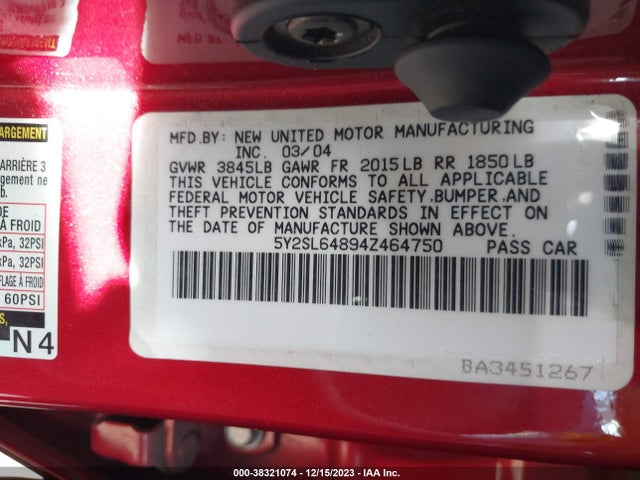 2004 PONTIAC VIBE VIN: 5Y2SL64894Z464750