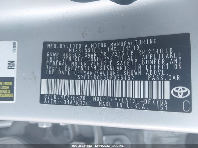 2020 TOYOTA COROLLA XSE VIN: 5YFT4RCE5LP036452