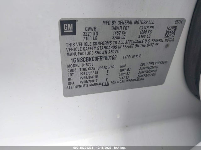 Chevrolet Tahoe Lt 2015 1GNSCBKC0FR180109 Image 9