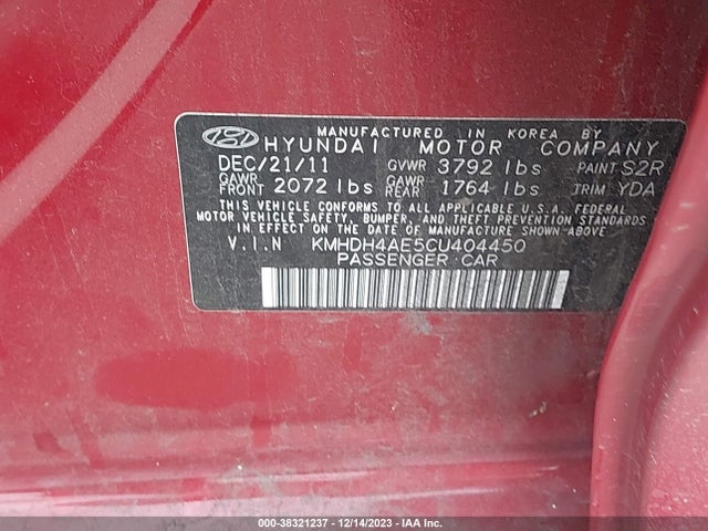 2012 HYUNDAI ELANTRA GLS (ULSAN PLANT) VIN: KMHDH4AE5CU404450