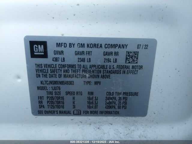 Chevrolet Trax Awd Ls 2022 KL7CJNSMXNB549303 Image 9