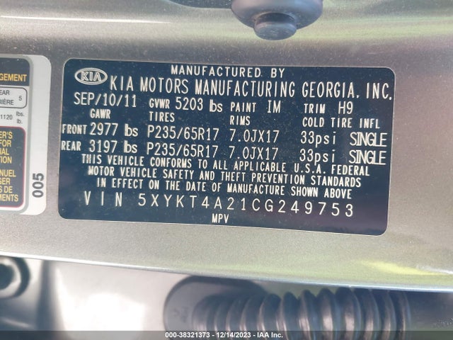 2012 KIA SORENTO LX V6 VIN: 5XYKT4A21CG249753