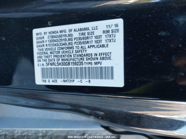 5FNRL5H30GB159235 Honda ODYSSEY SE