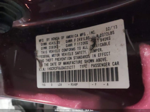 2013 HONDA ACCORD EX-L V-6 VIN: 1HGCR3F88DA025277