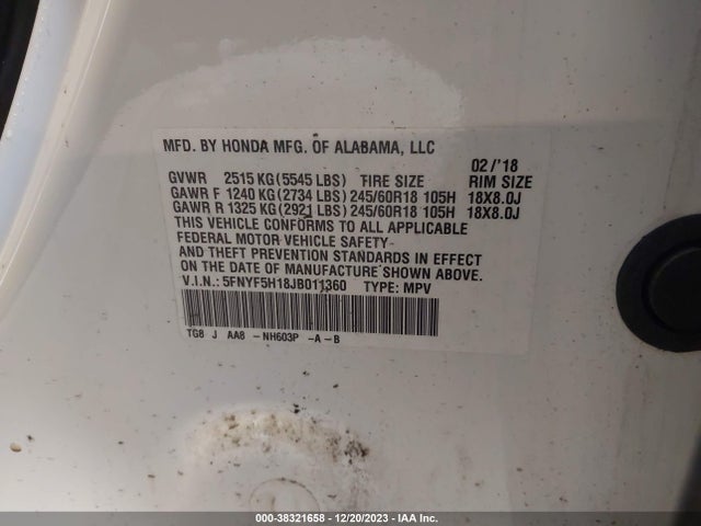 Honda PILOT LX 2018 5FNYF5H18JB011360 Image 9