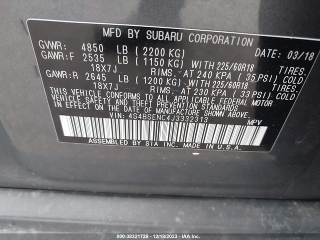 2018 SUBARU OUTBACK 3.6R LIMITED VIN: 4S4BSENC4J3332313