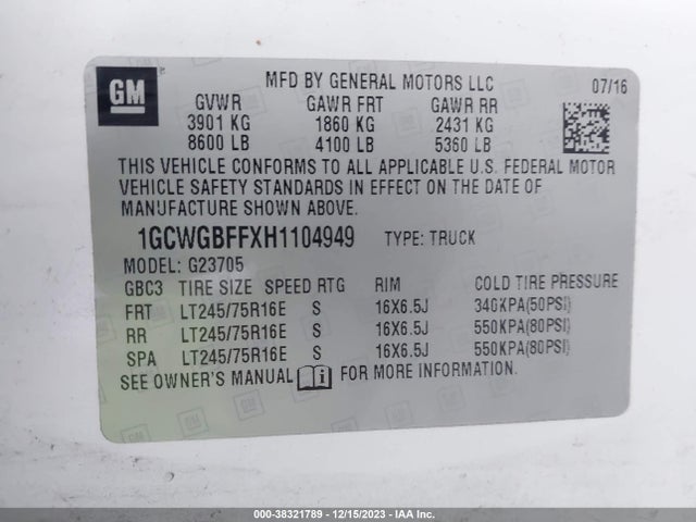 Chevrolet Express 2500 Work Van 2017 1GCWGBFFXH1104949 Image 9