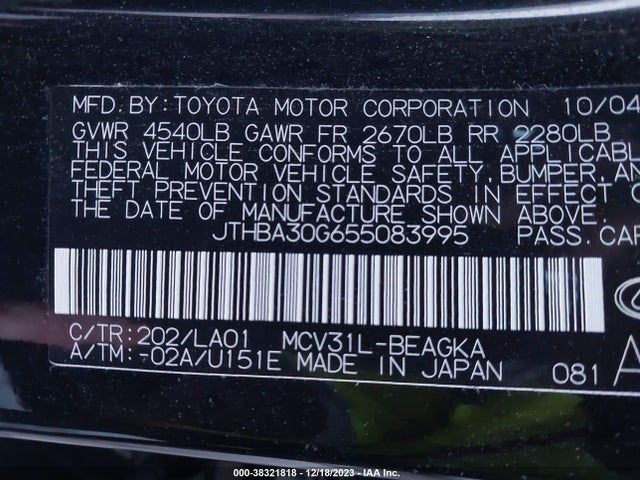 2005 LEXUS ES 330 VIN: JTHBA30G655083995