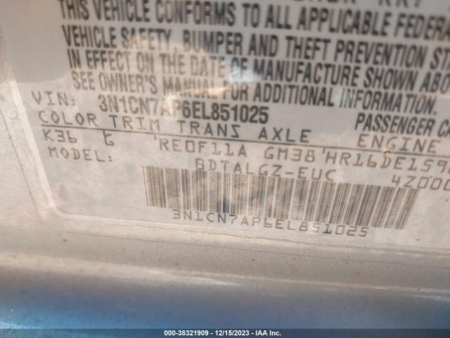 3N1CN7AP6EL851025 Nissan Versa 1.6 Sl