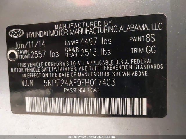 2015 HYUNDAI SONATA SE VIN: 5NPE24AF9FH017403