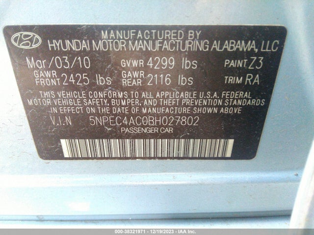 2011 HYUNDAI SONATA LIMITED VIN: 5NPEC4AC0BH027802