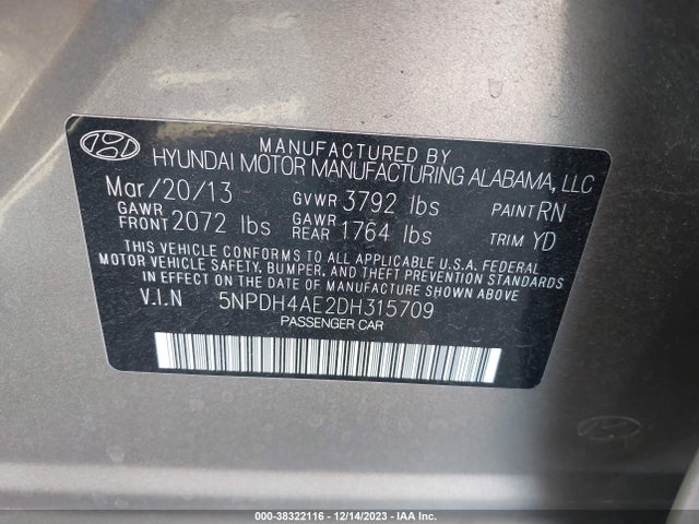 2013 HYUNDAI ELANTRA GLS VIN: 5NPDH4AE2DH315709