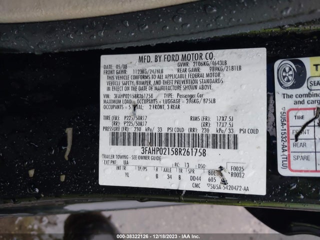 2008 FORD FUSION SEL VIN: 3FAHP02158R261758