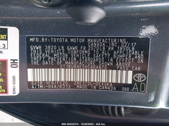 Продажа на аукционе авто 2017 Toyota Corolla Se, vin: 2T1BURHE5HC864870, номер лота: 38322374