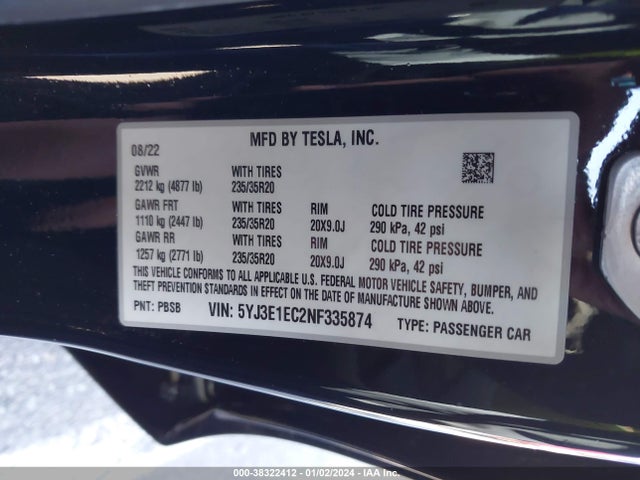 5YJ3E1EC2NF335874 Tesla Model 3 Performance Dual Motor All-wheel Drive
