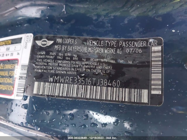 2006 MINI COOPER S WMWRE33516TJ38460 Photo 8