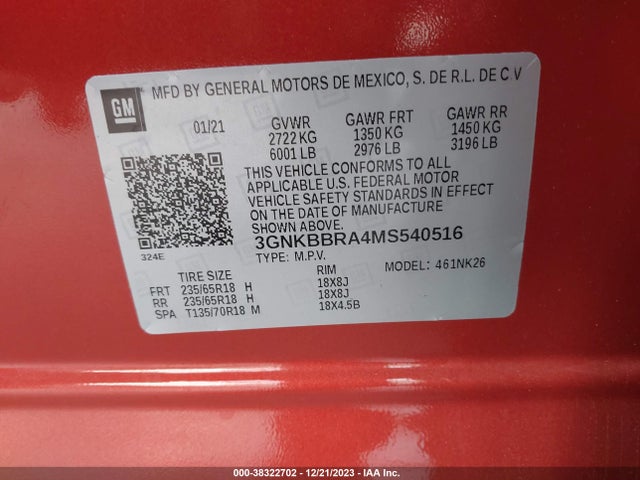 2021 CHEVROLET BLAZER FWD 1LT VIN: 3GNKBBRA4MS540516