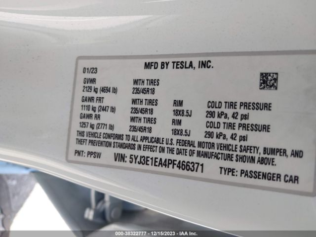 5YJ3E1EA4PF466371 Tesla Model 3 Rear-wheel Drive