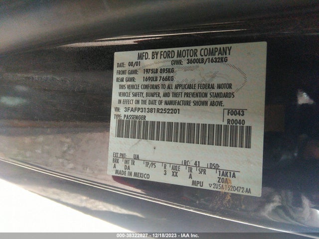 2001 FORD FOCUS ZX3 VIN: 3FAFP31381R252201