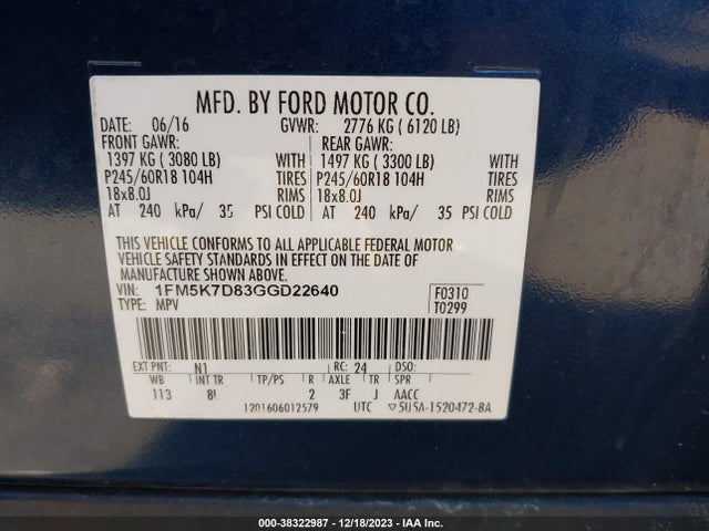 2016 FORD EXPLORER XLT VIN: 1FM5K7D83GGD22640