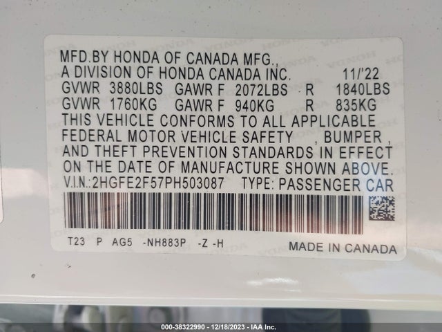 Honda Civic Sport 2023 2HGFE2F57PH503087 Image 9