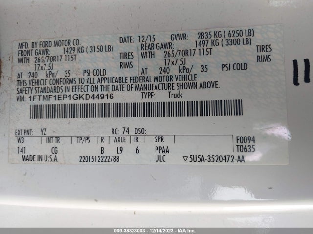 2016 FORD F-150 XL VIN: 1FTMF1EP1GKD44916