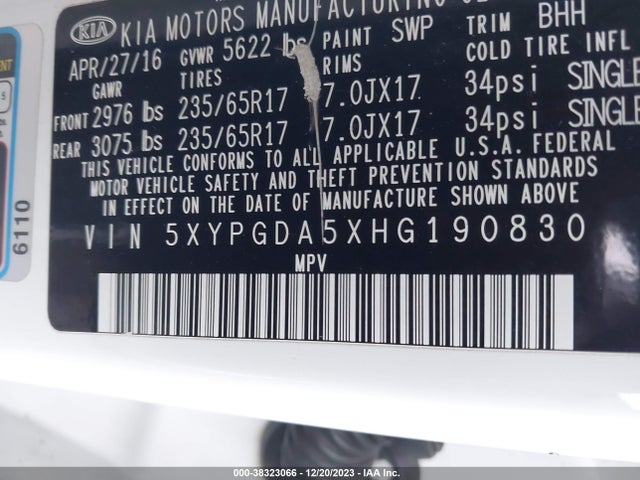 KIA Sorento 3.3l Lx 2017 5XYPGDA5XHG190830 Image 9