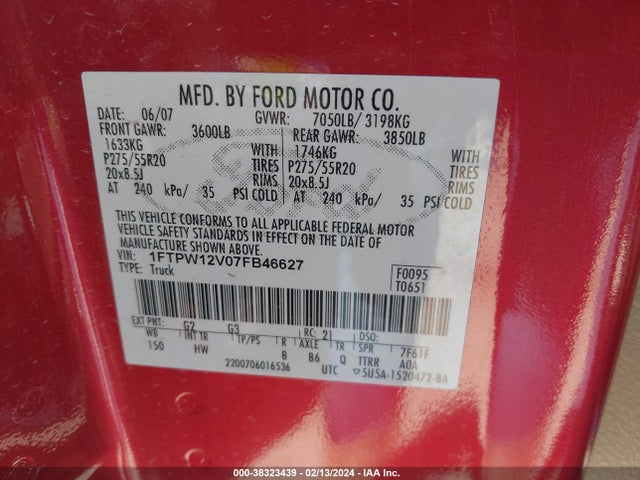 2007 FORD F-150 LARIAT/XLT VIN: 1FTPW12V07FB46627