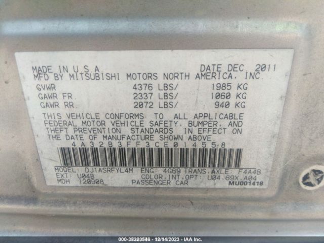 2012 MITSUBISHI GALANT 4A32B3FF3CE014558 Photo 8