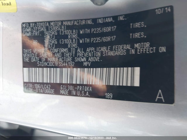 2015 TOYOTA SIENNA XLE 8 PASSENGER VIN: 5TDYK3DC1FS544192