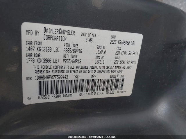 2007 DODGE DURANGO SLT VIN: 1D8HD48P07F500443