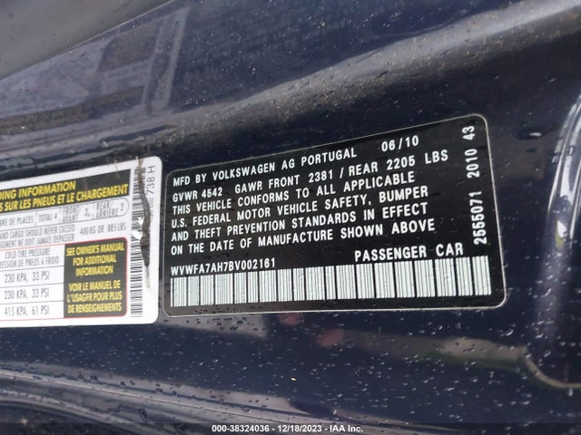 2011 VOLKSWAGEN EOS LUX VIN: WVWFA7AH7BV002161
