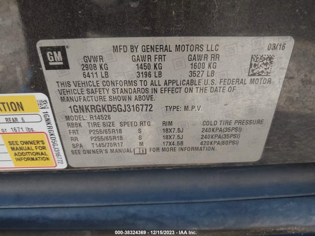 Chevrolet Traverse 1lt 2016 1GNKRGKD5GJ316772 Image 9