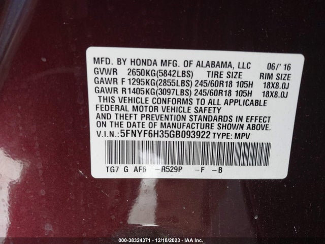 Honda Pilot Ex 2016 5FNYF6H35GB093922 Image 9