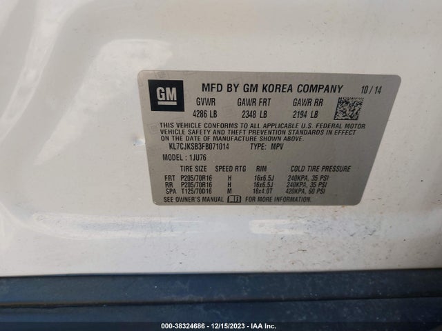 Chevrolet Trax 1ls 2015 KL7CJKSB3FB071014 Image 9