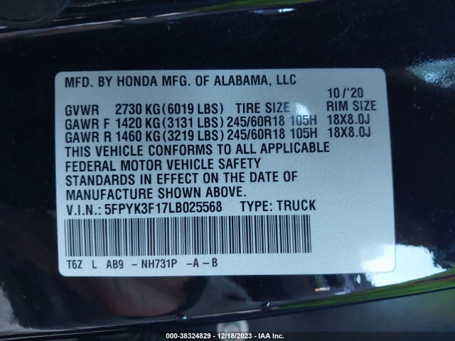 Honda Ridgeline Awd Sport 2020 5FPYK3F17LB025568 Image 9