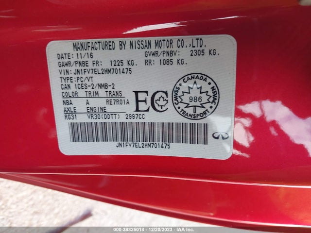 Продажа на аукционе авто 2017 Infiniti Q60 3.0t Red Sport 400, vin: JN1FV7EL2HM701475, номер лота: 38325018