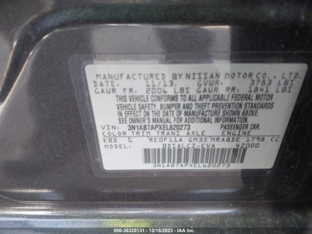 2014 NISSAN SENTRA S VIN: 3N1AB7APXEL620273