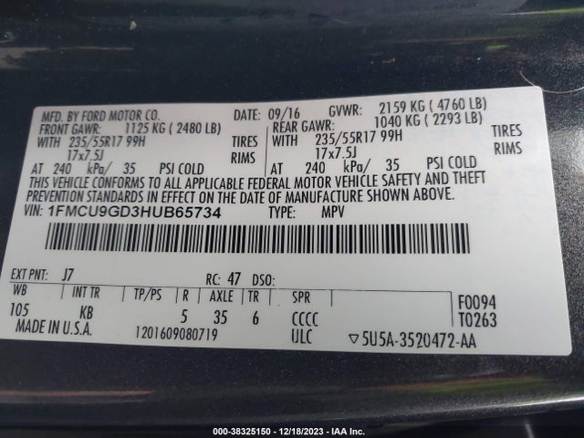 2017 FORD ESCAPE SE VIN: 1FMCU9GD3HUB65734